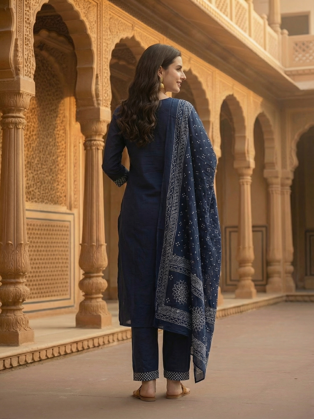 Solid Bandhani Printed Yoke Straight Kurta with Pant & Dupatta - Navy Blue