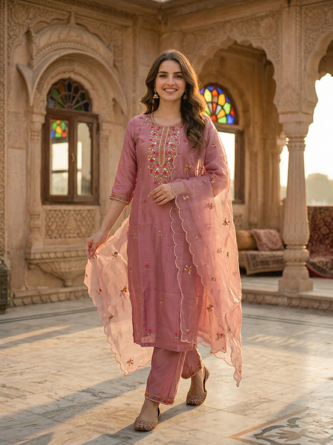 Embroidered Straight Kurta Set with Pant & Organza Dupatta - Blush Pink