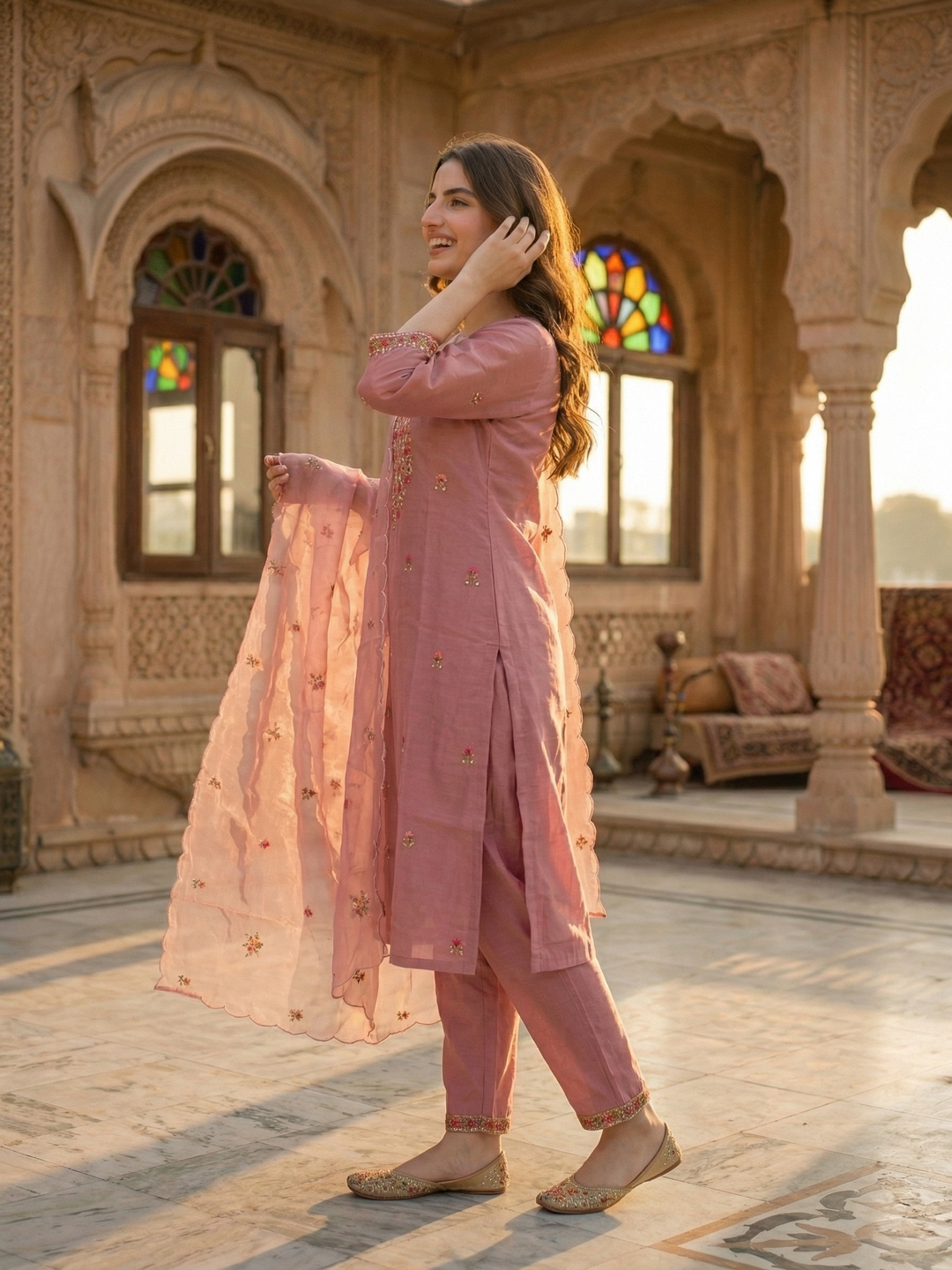 Embroidered Straight Kurta Set with Pant & Organza Dupatta - Blush Pink