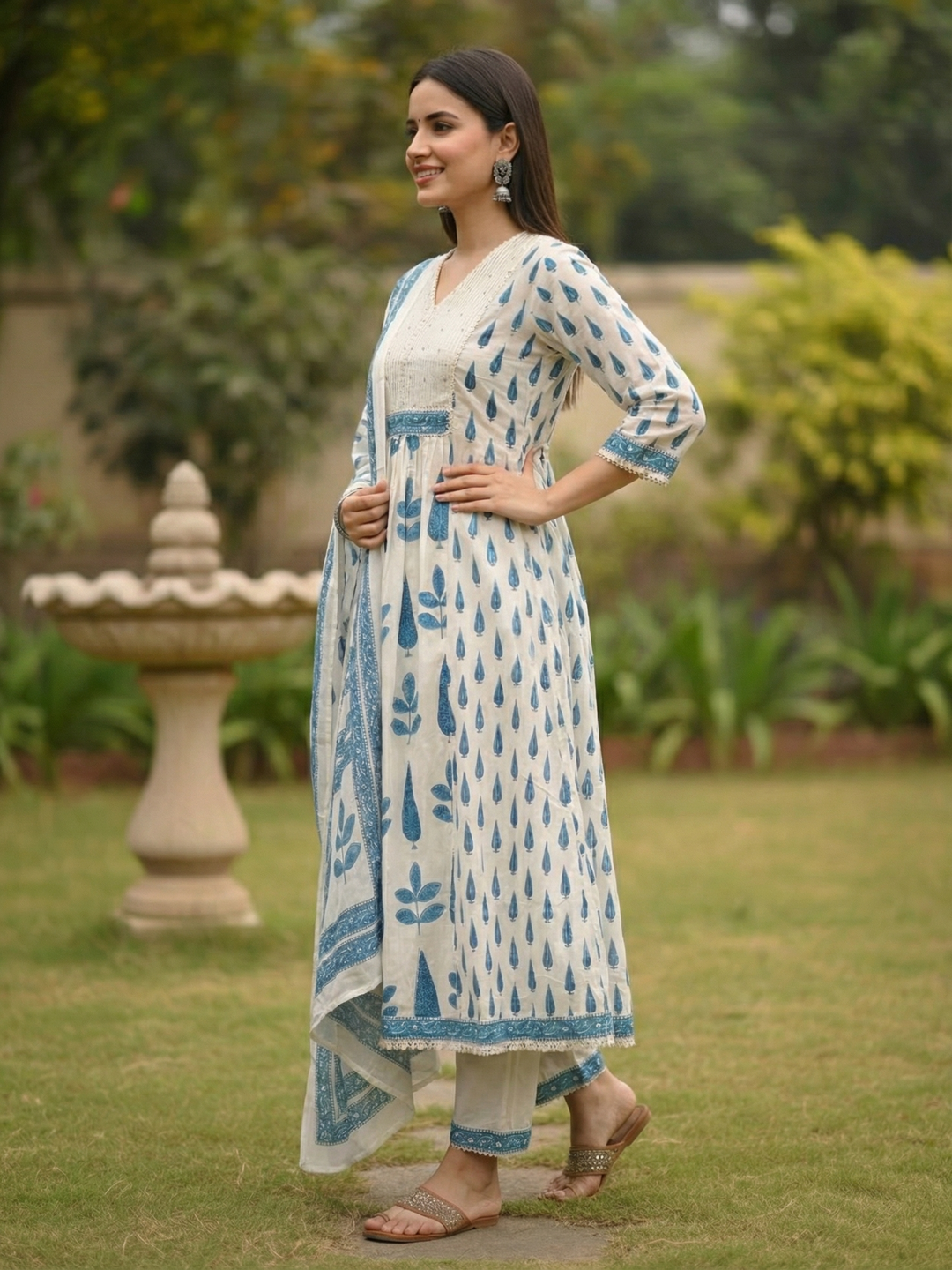 Mughal Ethnic Printed Panelled A-Line Kurta with Pant & Dupatta - Blue & Off White