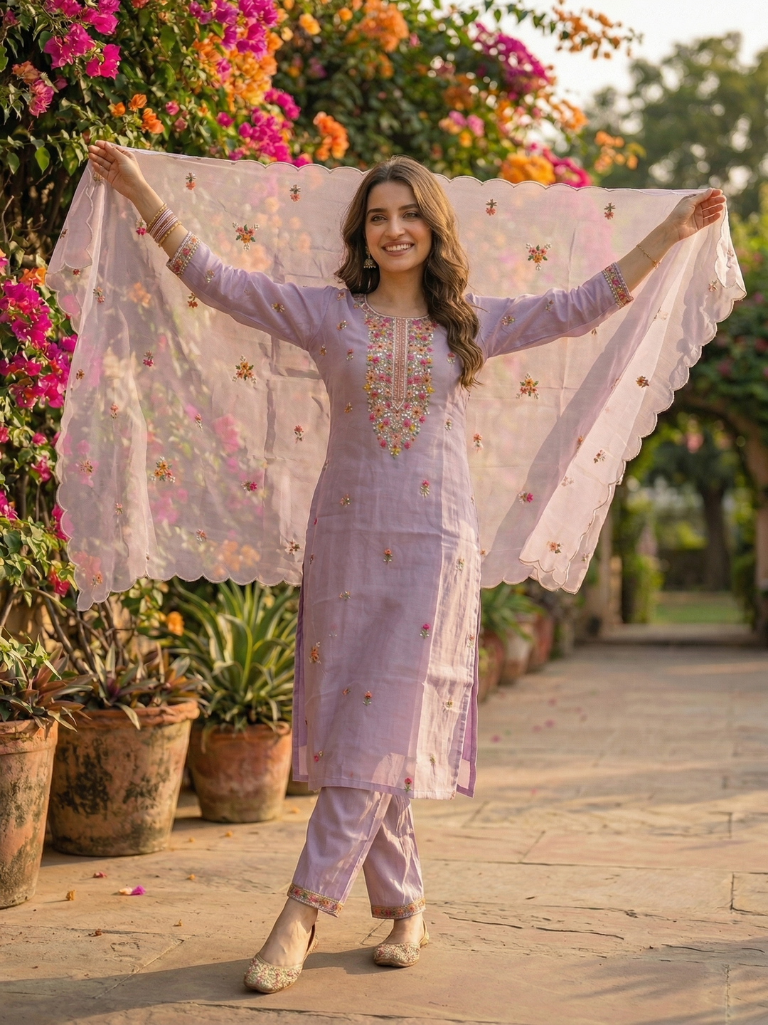 Floral Embroidered Straight Kurta Set with Organza Dupatta - Lavender