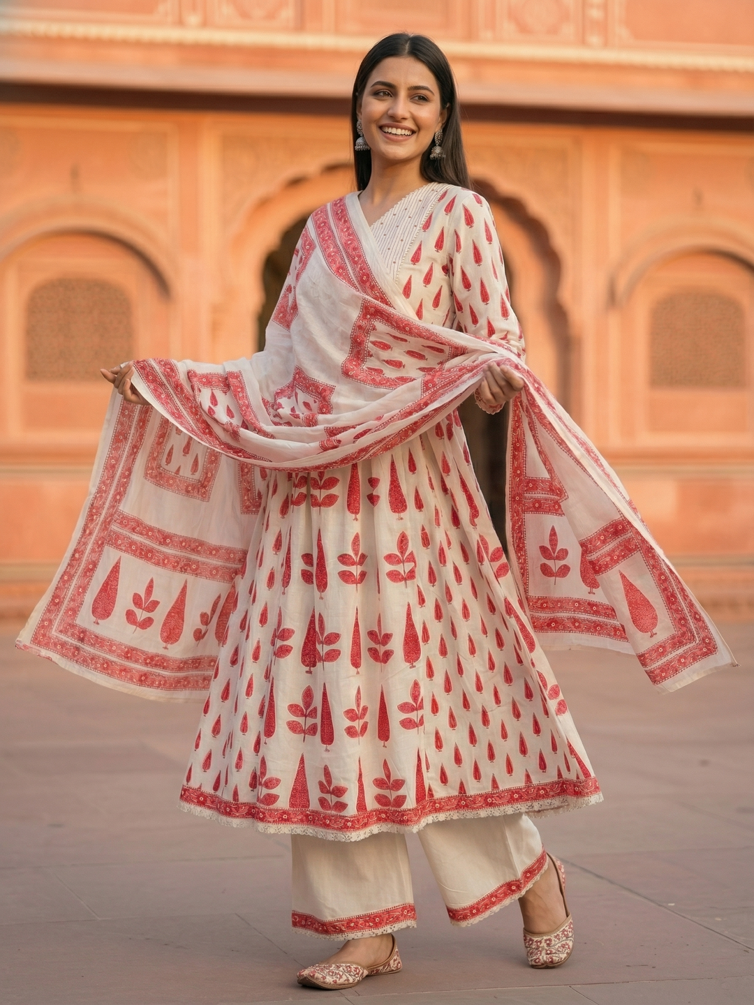 Mughal Ethnic Printed Panelled A-Line Kurta with Pant & Dupatta - Red & Off White