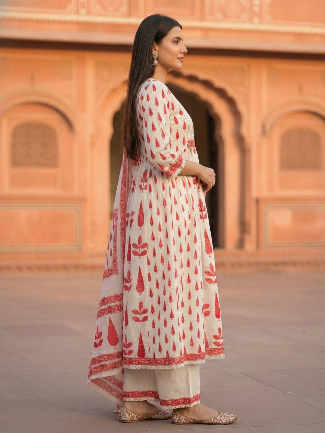 Mughal Ethnic Printed Panelled A-Line Kurta with Pant & Dupatta - Red & Off White