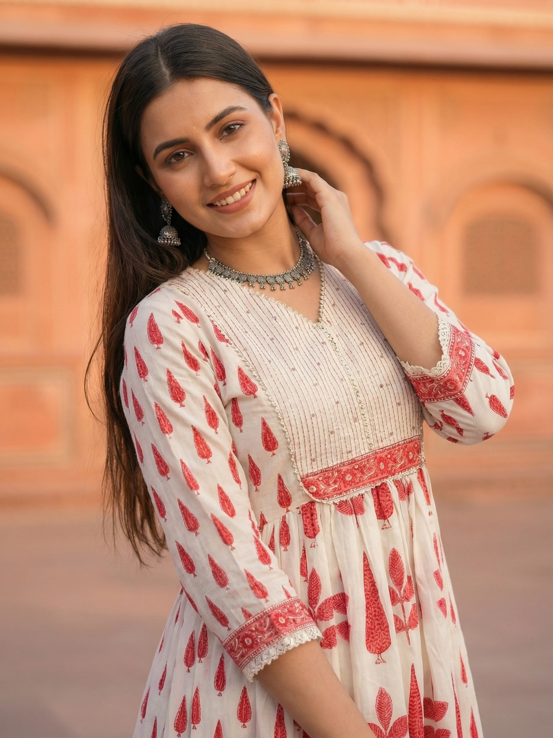 Mughal Ethnic Printed Panelled A-Line Kurta with Pant & Dupatta - Red & Off White