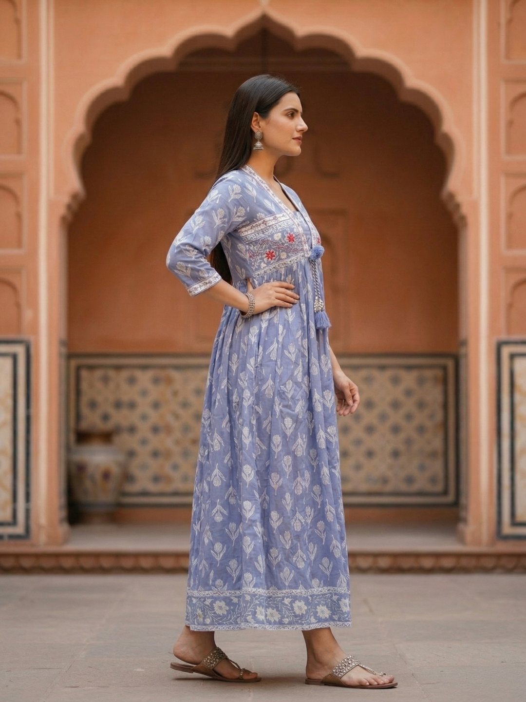 Floral Printed Kantha Work Empire Maxi Dress - Lavender