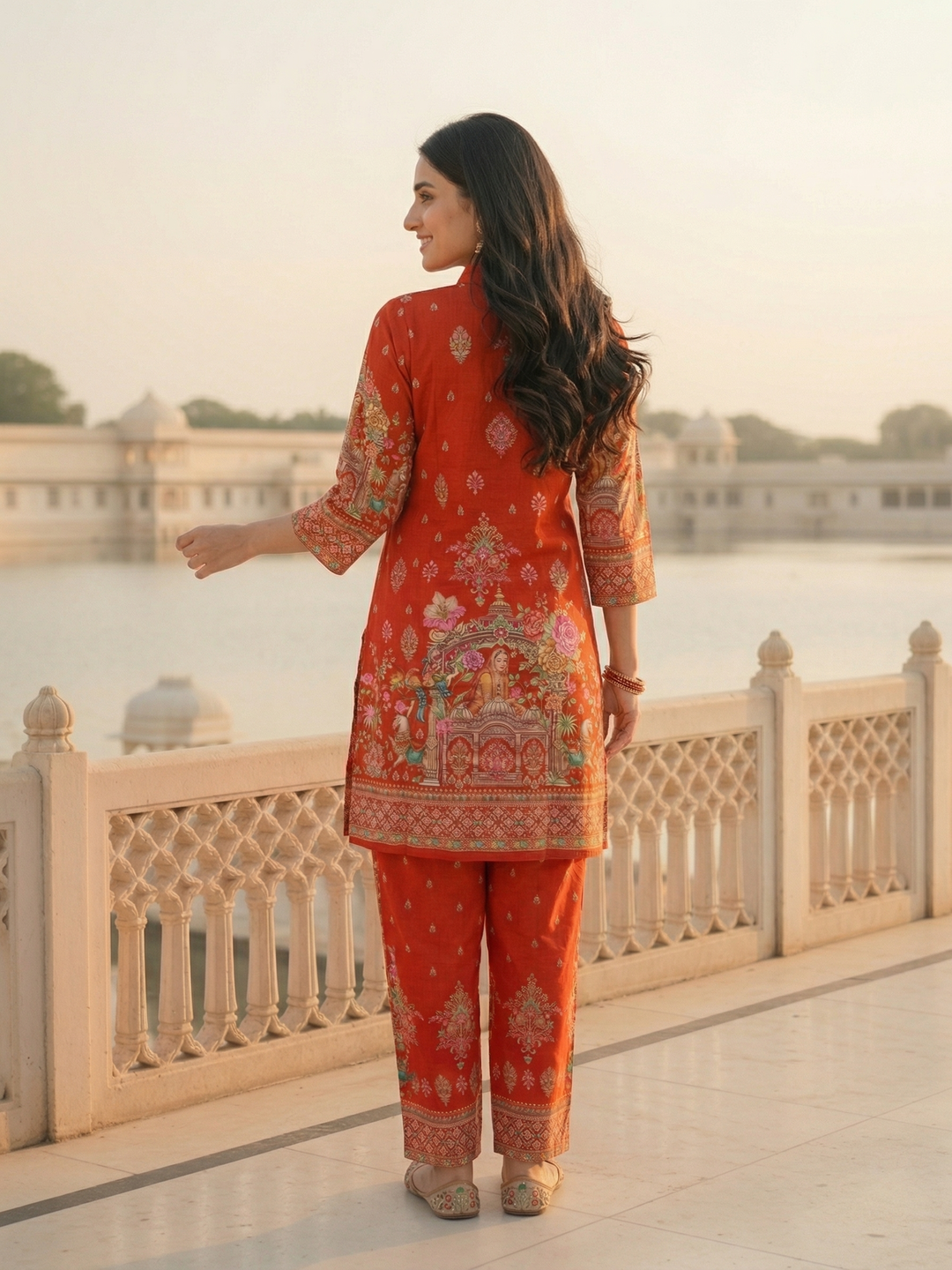 Ethnic Printed Straight Kurta with Palazzo - Red