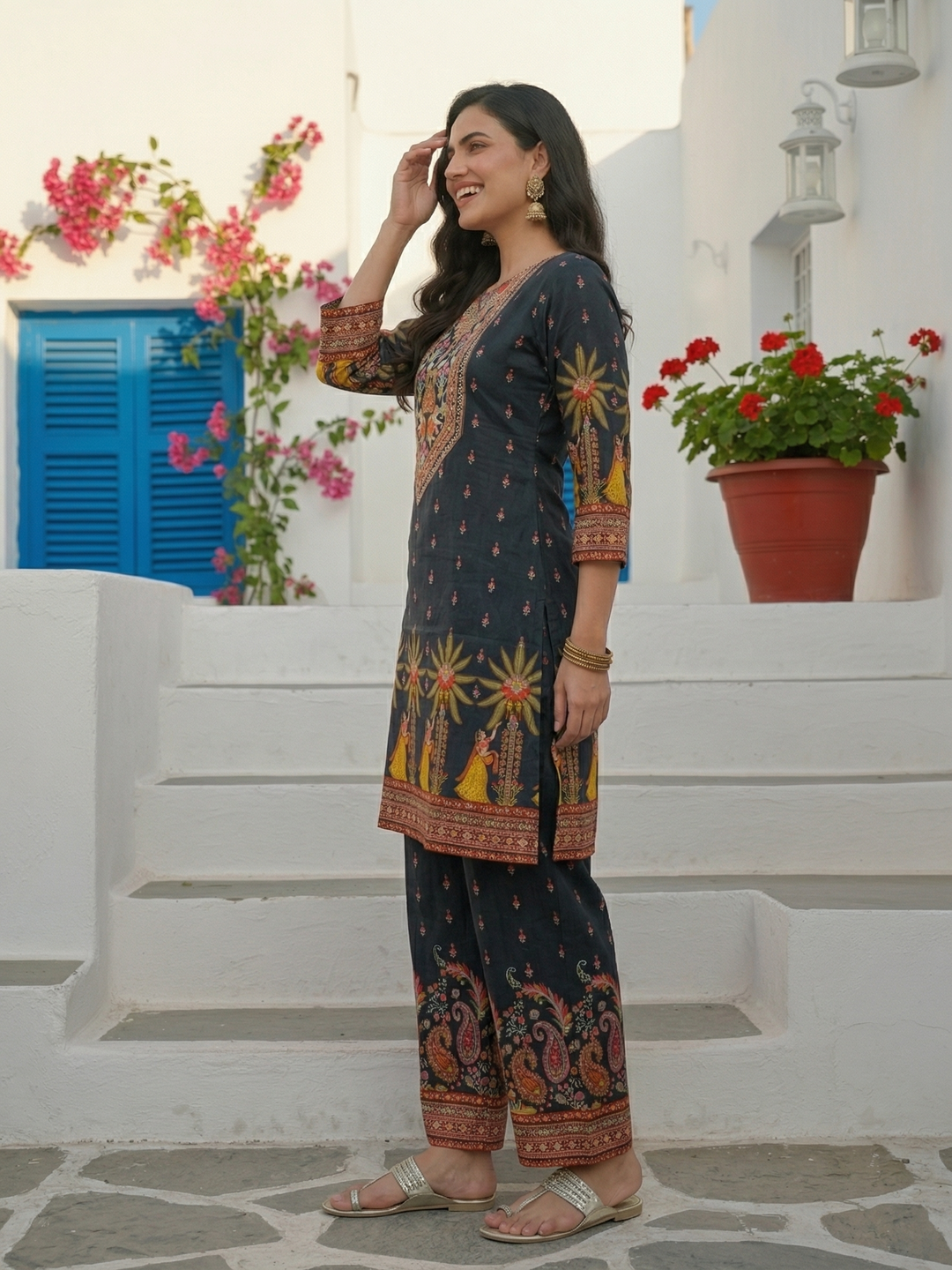 Ethnic Printed Straight Kurta with Palazzo - Black