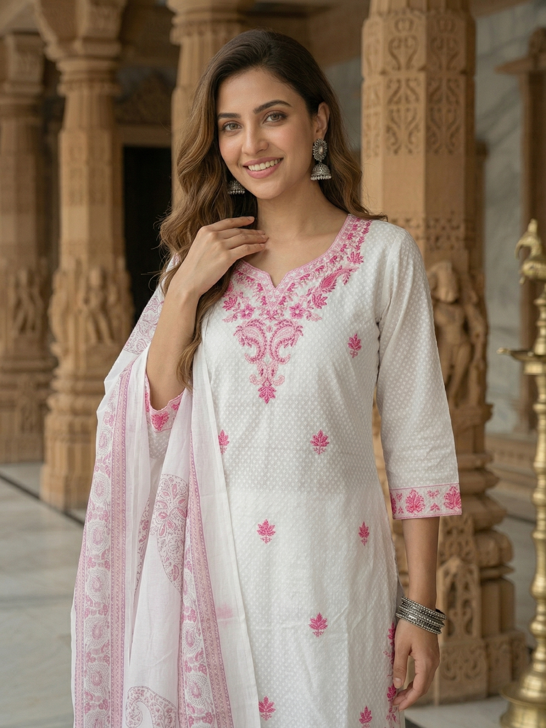 Solid Embroidered Straight Kurta with Palazzo & Dupatta - White