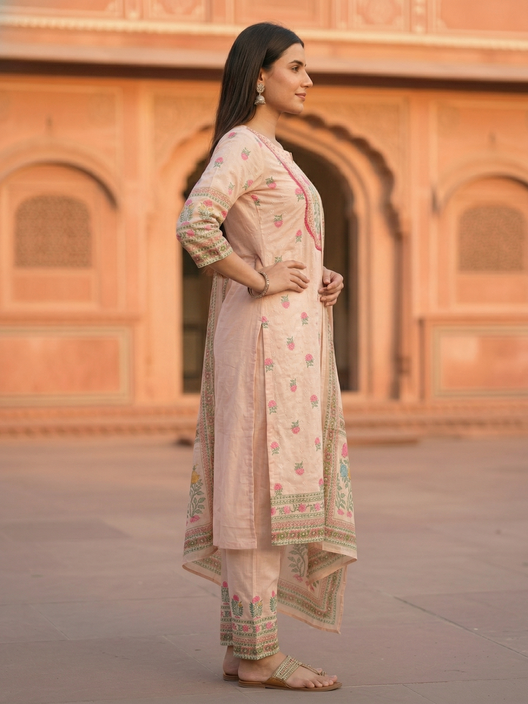Schiffili Floral Printed Straight Kurta with Palazzo & Dupatta - Pink