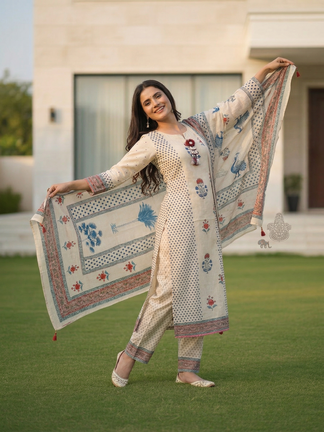 Ethnic Printed Straight Kurta with Palazzo & Dupatta - Beige