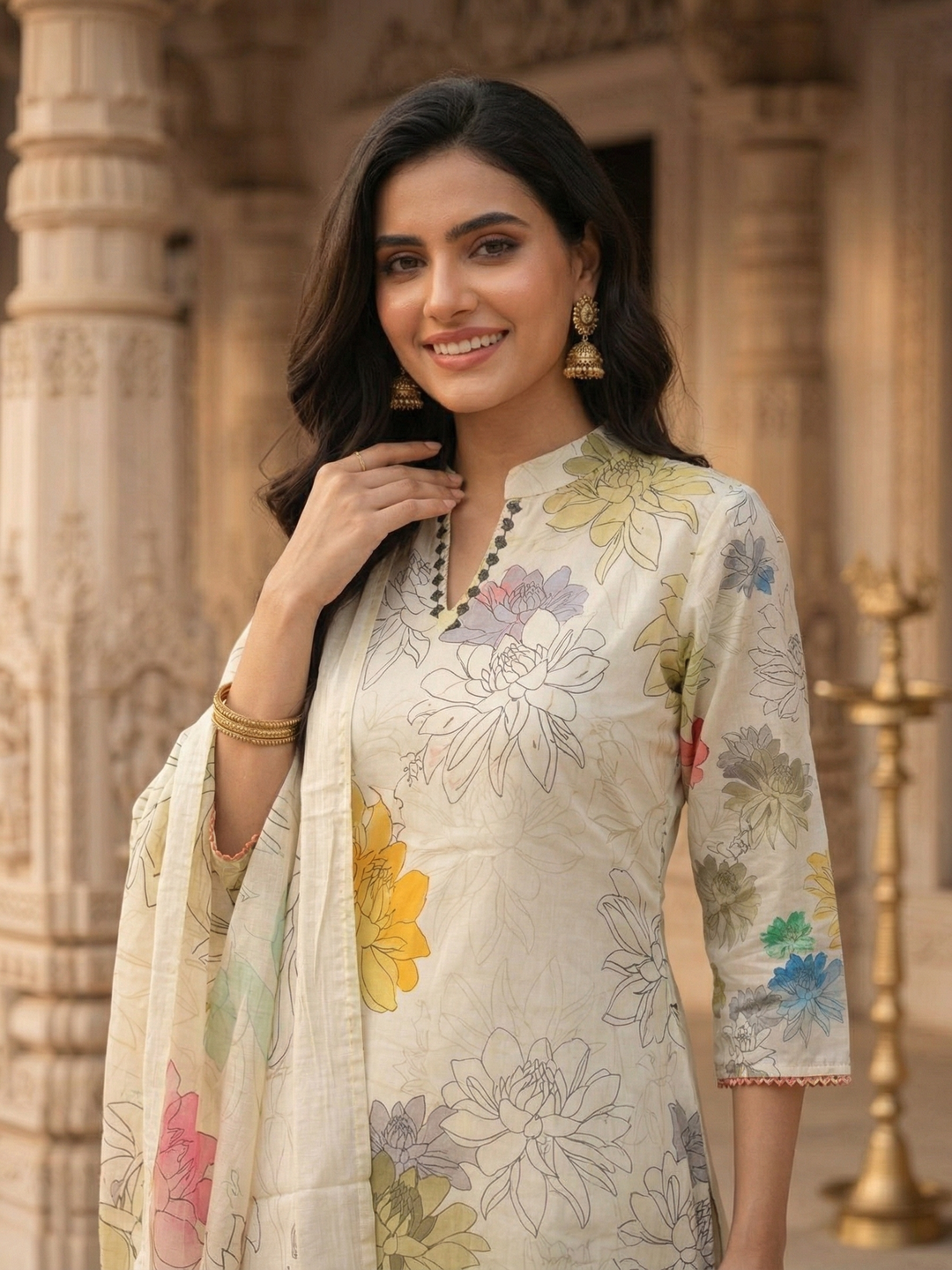 Floral Printed Chanderi Straight Kurta with Palazzo & Dupatta - Multi