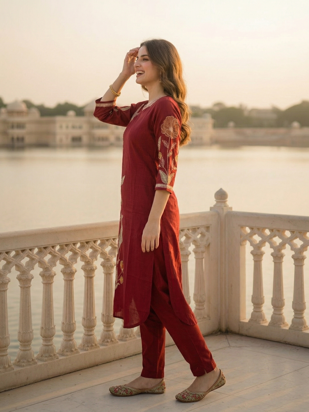 Solid Floral Embroidered Straight Kurta - Maroon