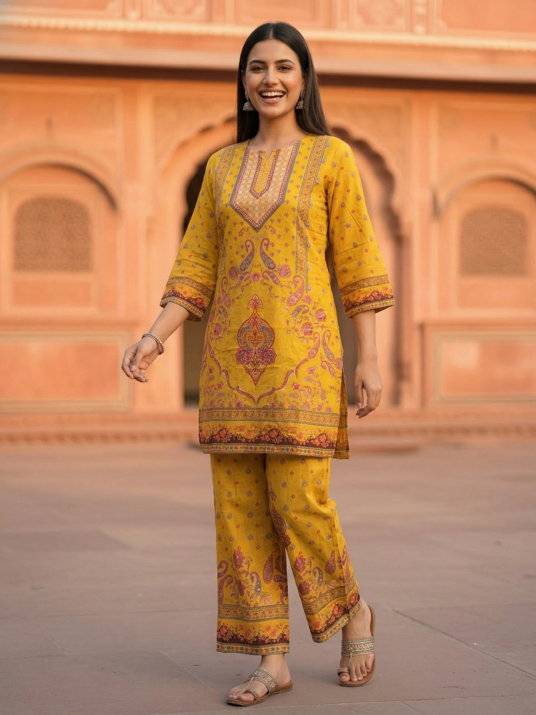 Ethnic Printed Straight Kurta with Palazzo - Mustard