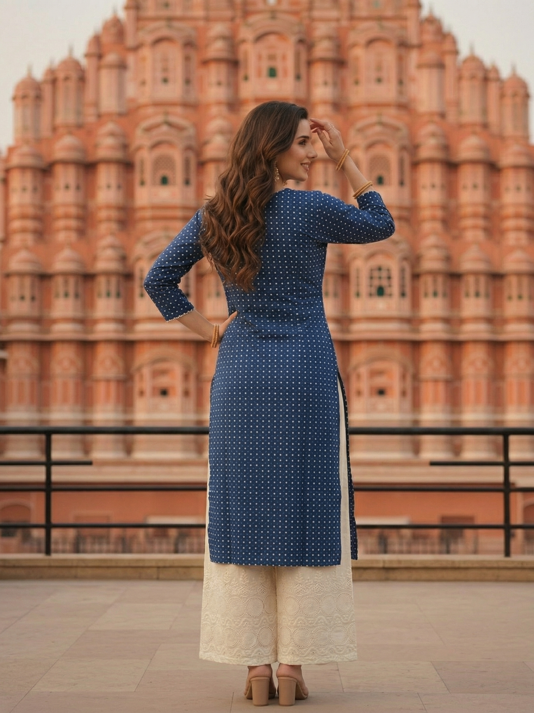 Ethnic Printed Embroidered Straight Kurta with Palazzo - Indigo Blue & Off White