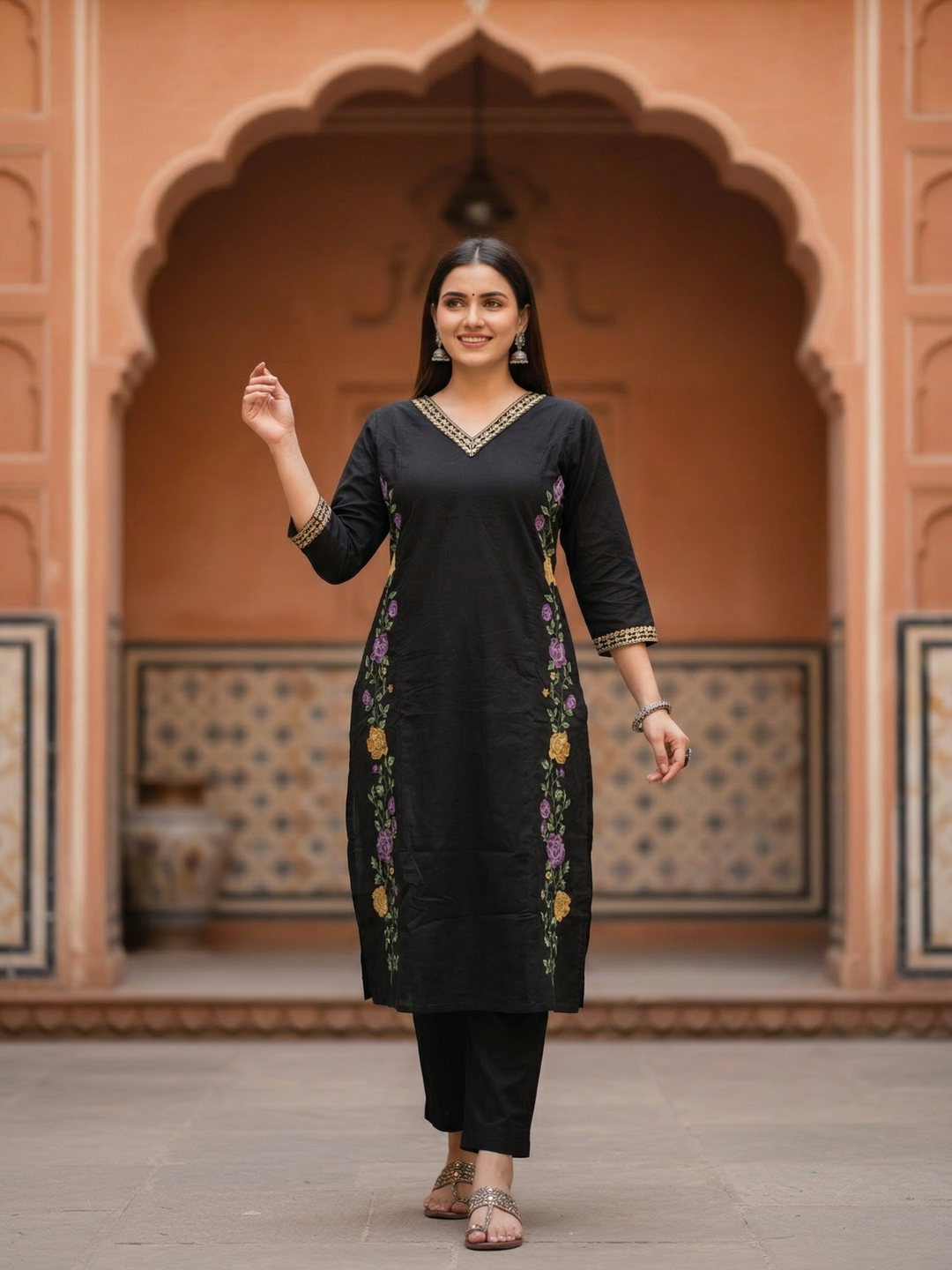 Solid Embroidered Princess Cut Panelled Kurta with Palazzo - Black