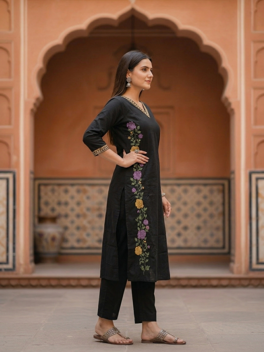 Solid Embroidered Princess Cut Panelled Kurta with Palazzo - Black