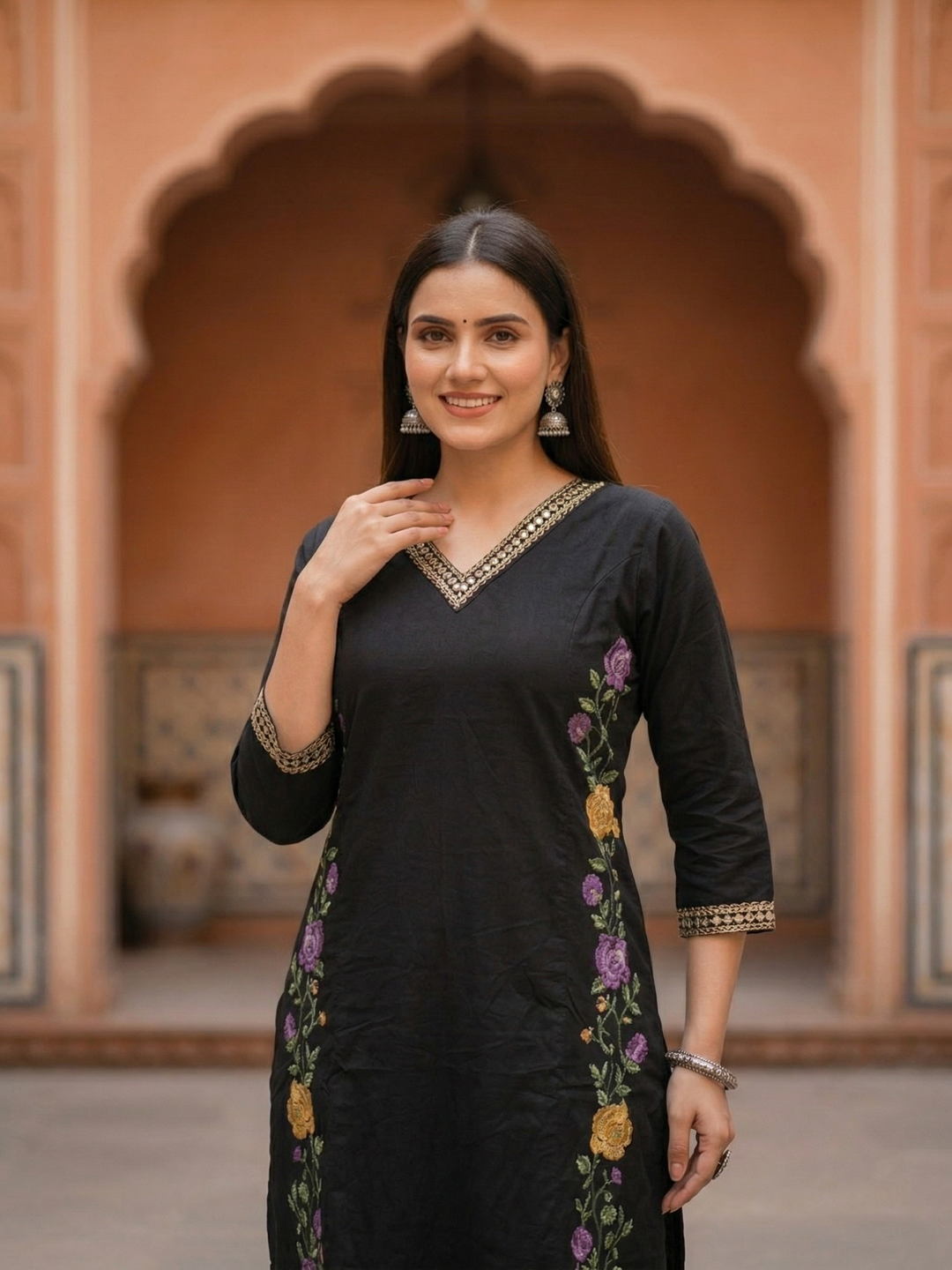 Solid Embroidered Princess Cut Panelled Kurta with Palazzo - Black
