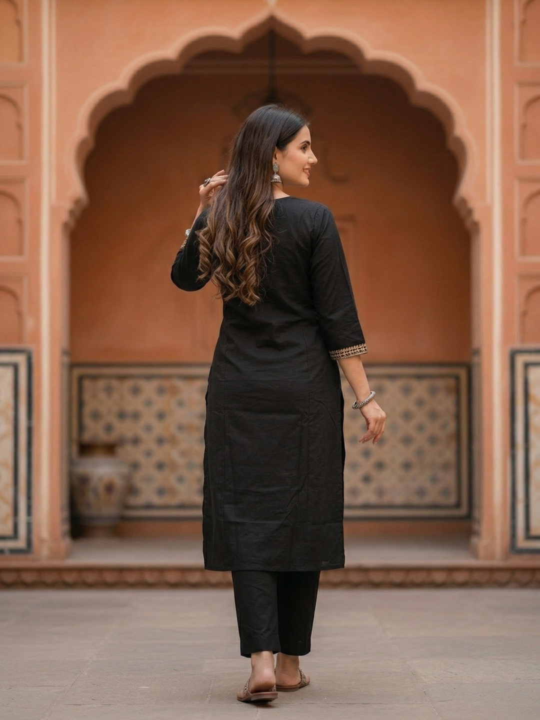 Solid Embroidered Princess Cut Panelled Kurta with Palazzo - Black
