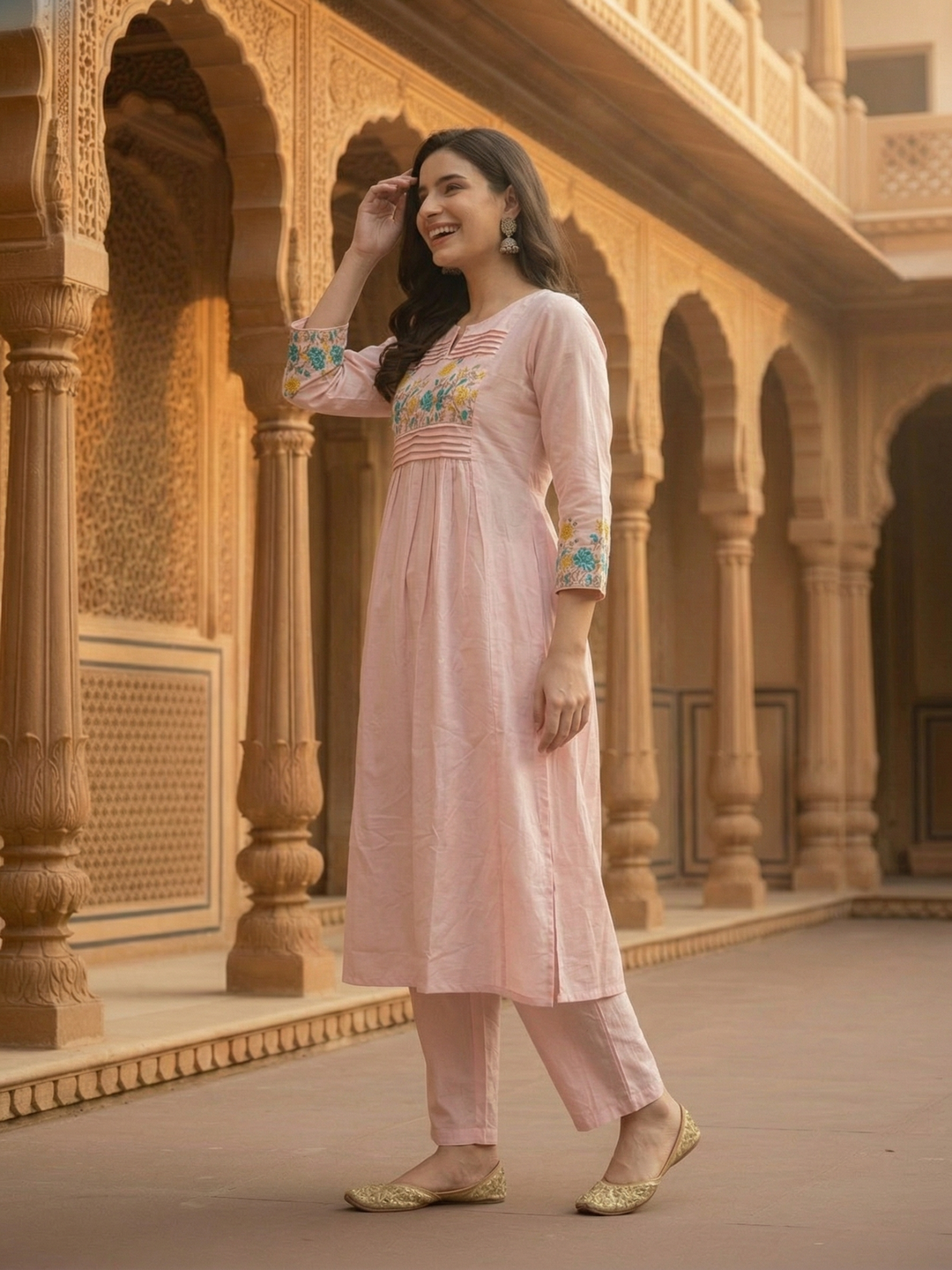 Solid Embroidered Empire Panelled Kurta with Palazzo - Pink