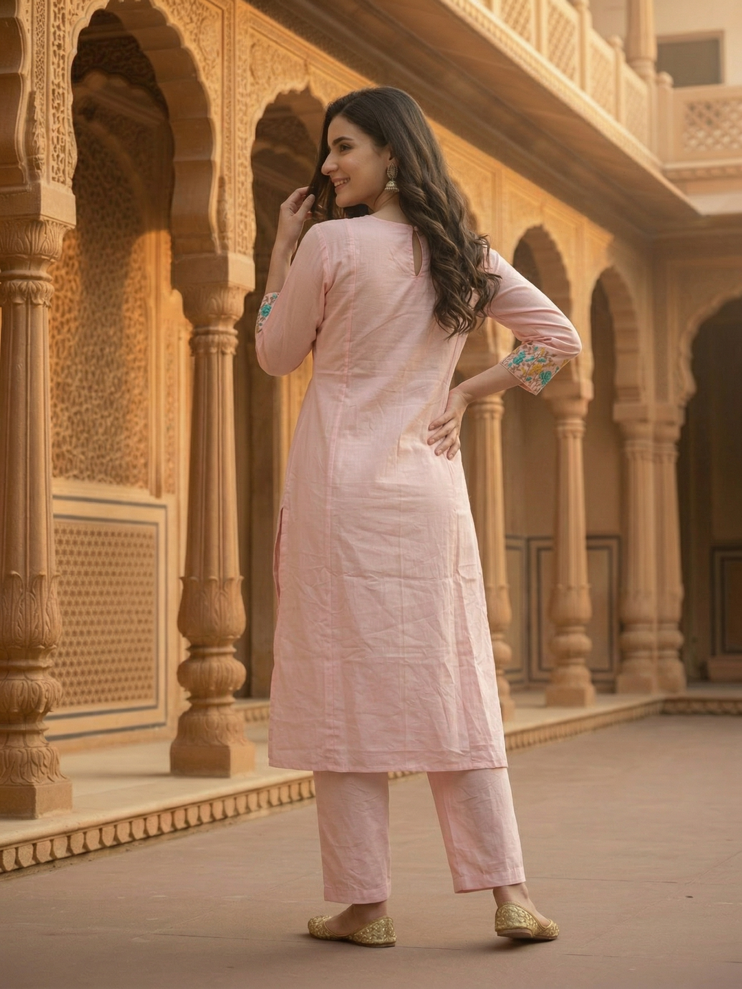 Solid Embroidered Empire Panelled Kurta with Palazzo - Pink