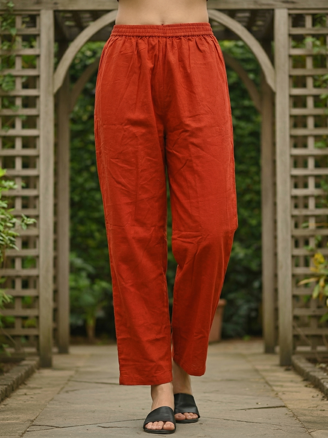 Solid Embroidered A-Line Kurta with Pyjama - Rust