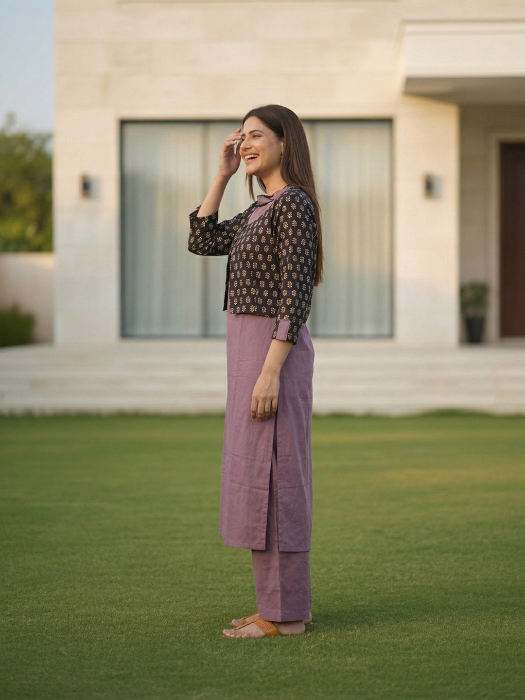 Ajrakh Print Appliqué Halter Neck A-Line Kurta with Pant & Printed Jacket - Purple