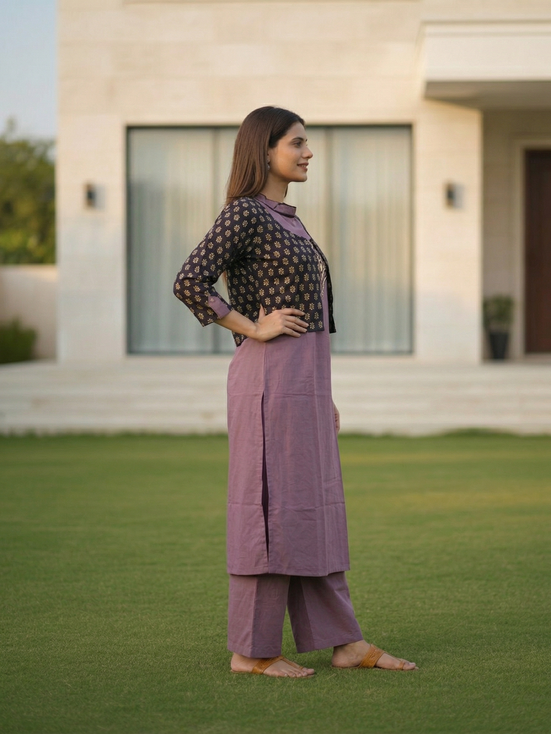 Ajrakh Print Appliqué Halter Neck A-Line Kurta with Pant & Printed Jacket - Purple