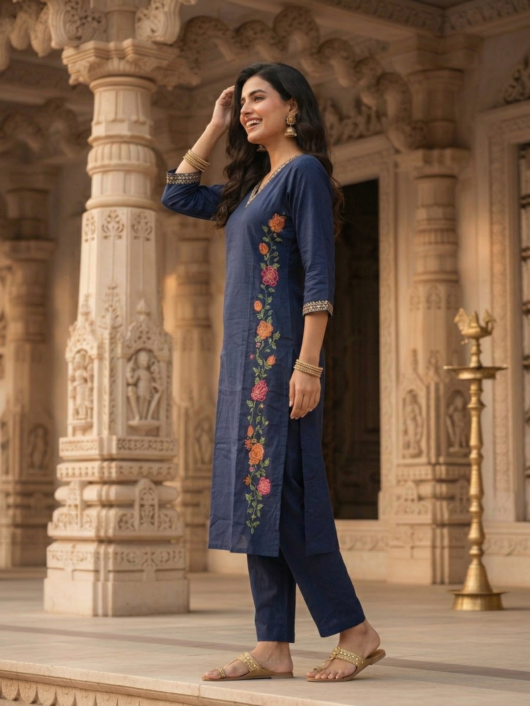 Solid Embroidered Princess Cut Panelled Kurta with Palazzo - Blue