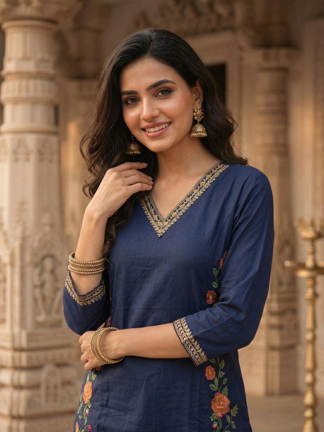 Solid Embroidered Princess Cut Panelled Kurta with Palazzo - Blue