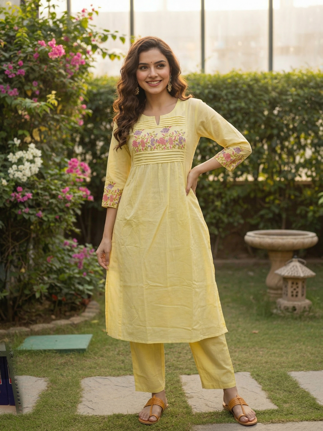 Solid Embroidered Empire Panelled Kurta with Palazzo - Yellow