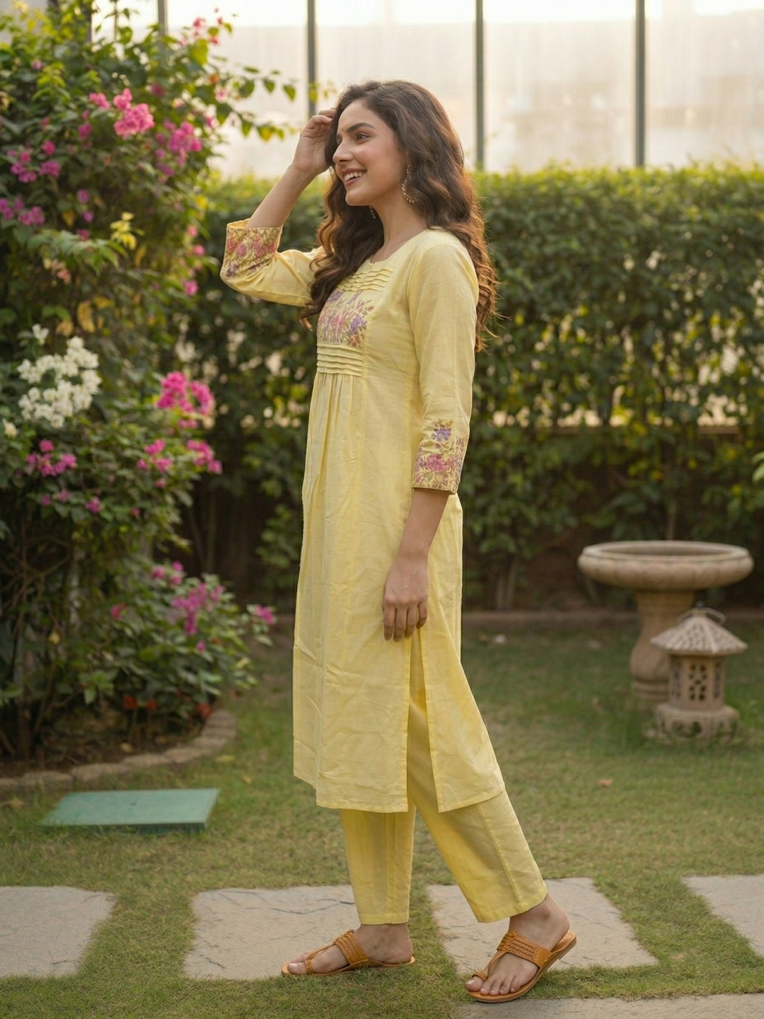 Solid Embroidered Empire Panelled Kurta with Palazzo - Yellow
