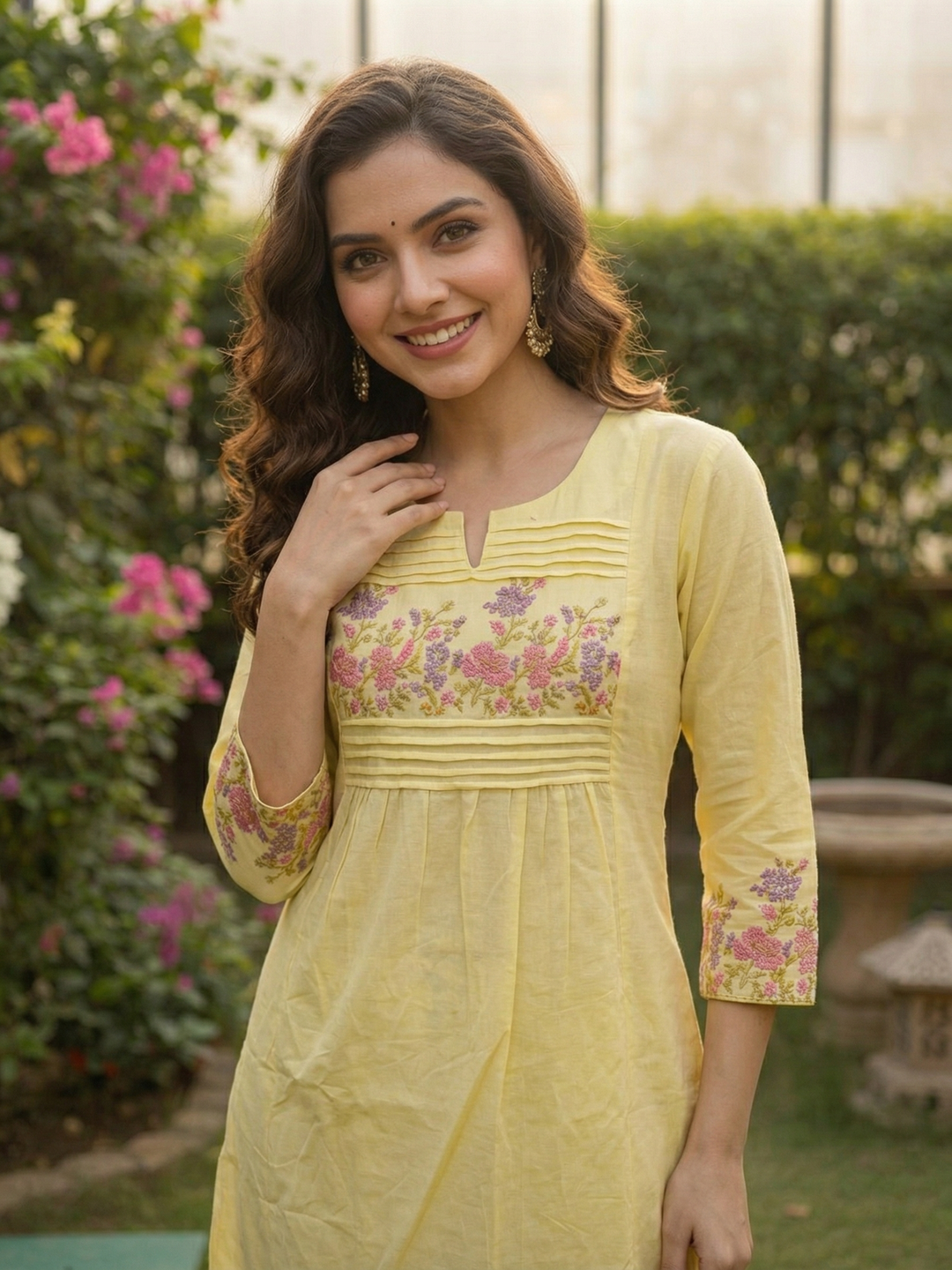 Solid Embroidered Empire Panelled Kurta with Palazzo - Yellow