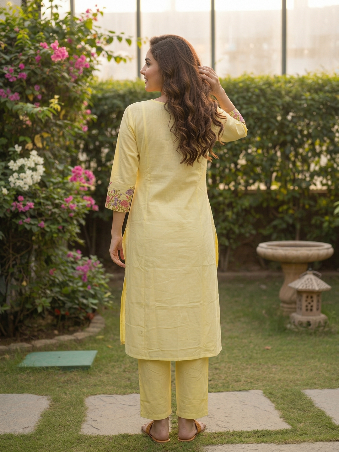 Solid Embroidered Empire Panelled Kurta with Palazzo - Yellow