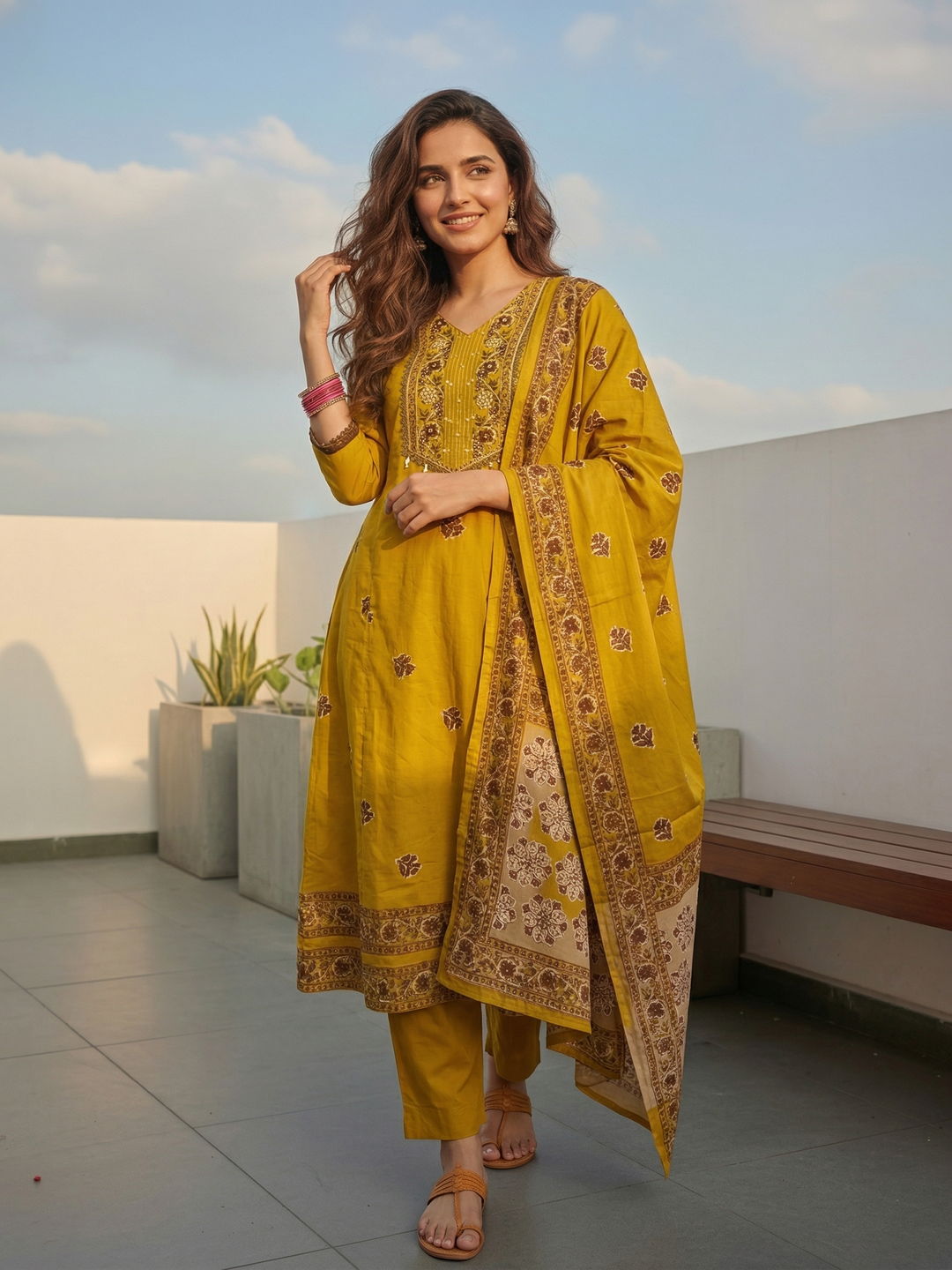 Solid Anarkali Kurta with Pyjama & Dupatta - Mustard