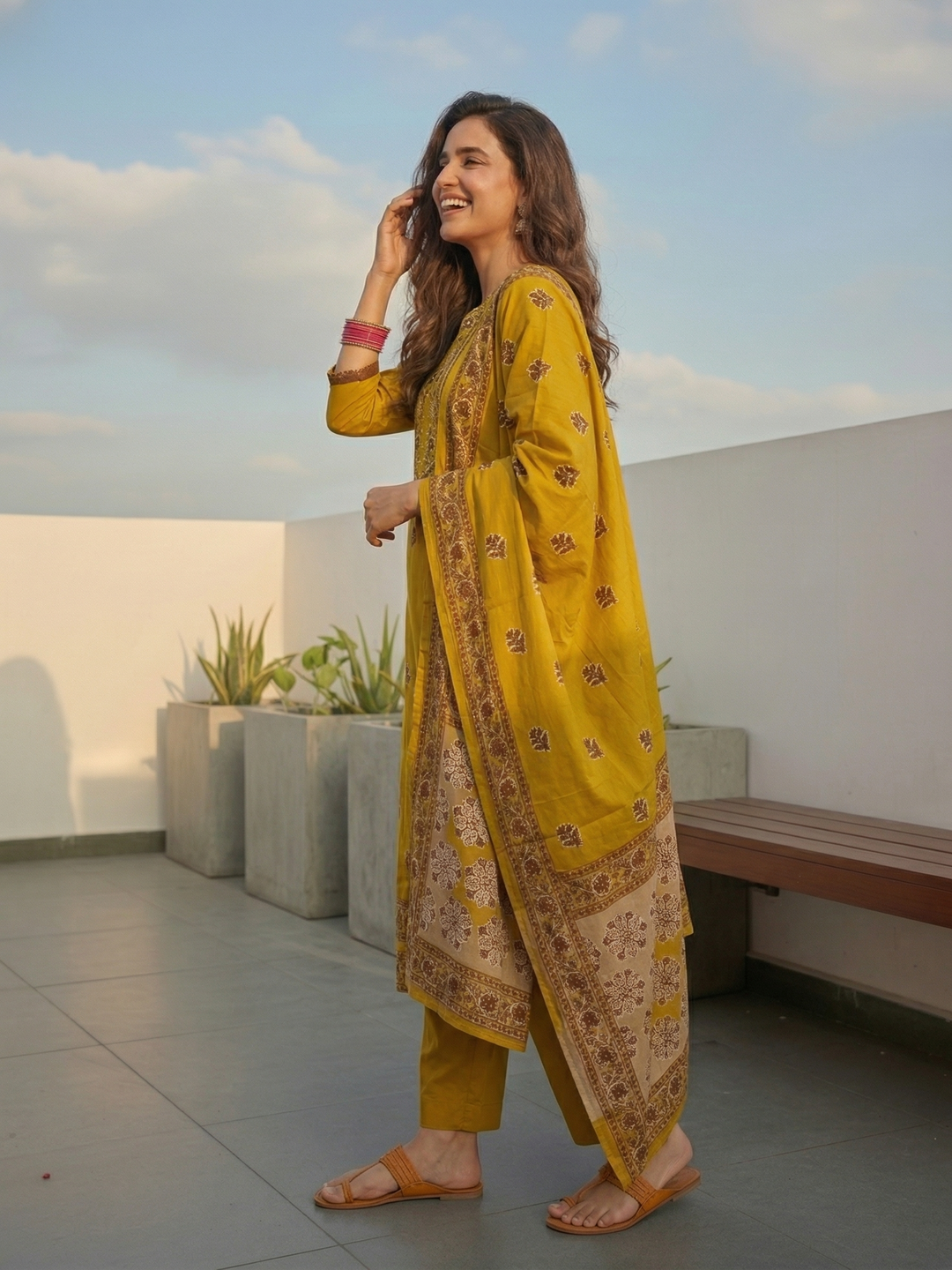 Solid Anarkali Kurta with Pyjama & Dupatta - Mustard