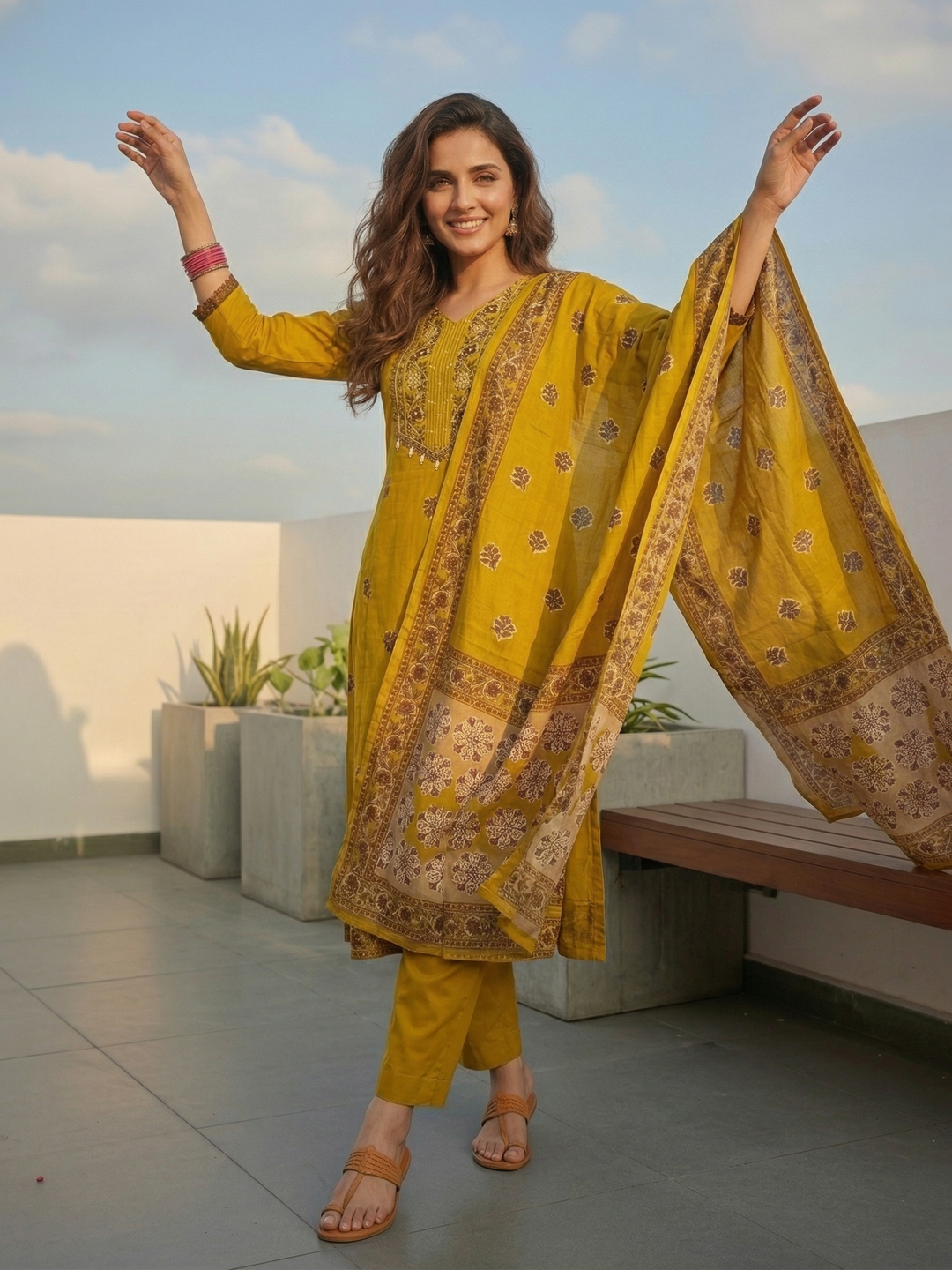 Solid Anarkali Kurta with Pyjama & Dupatta - Mustard