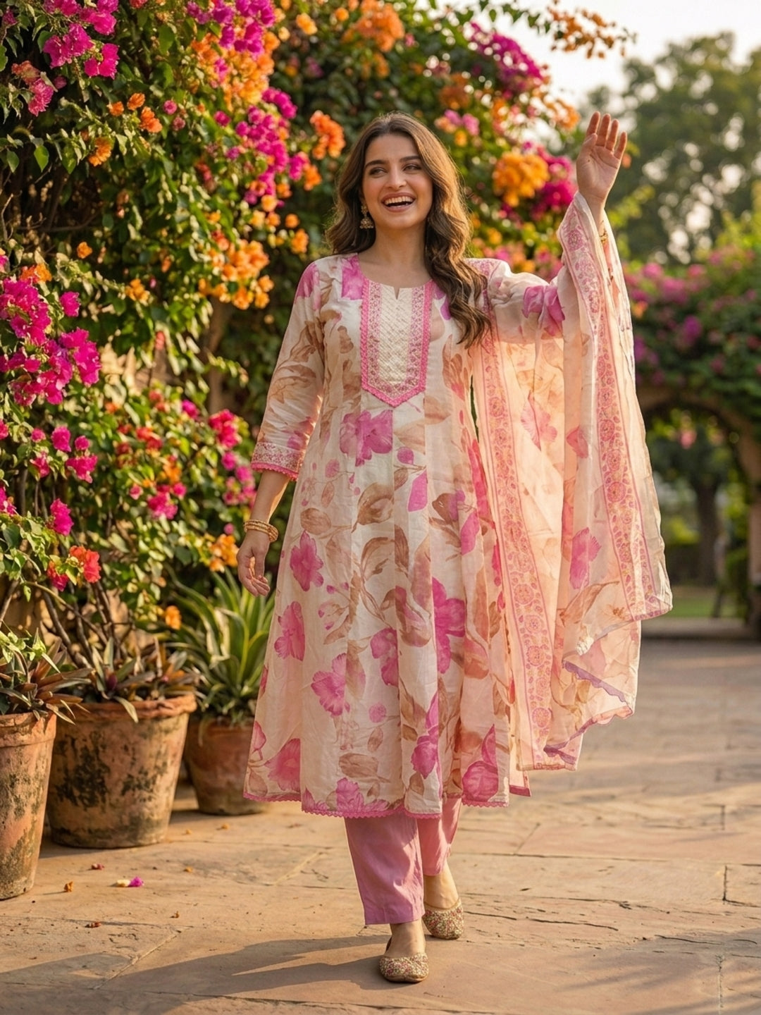 Floral Printed Anarkali Kurta with Palazzo & Dupatta - Pink