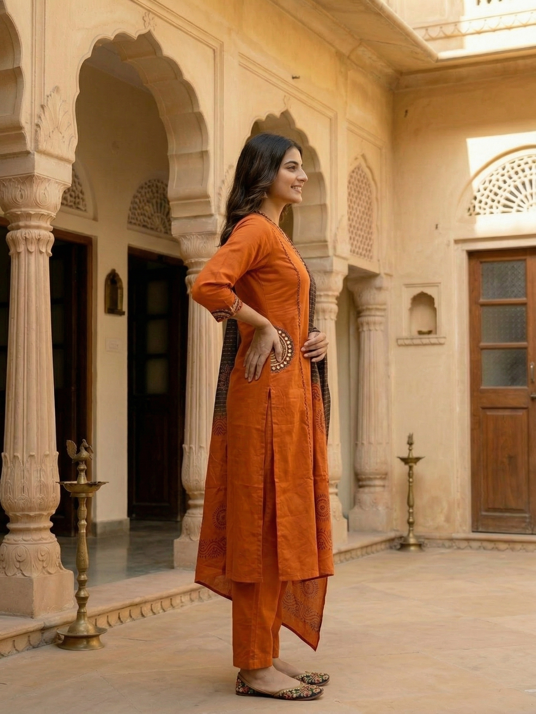 Solid Embroidered Panelled A-Line Kurta with Pyjama & Tie-Dye Dupatta - Rust
