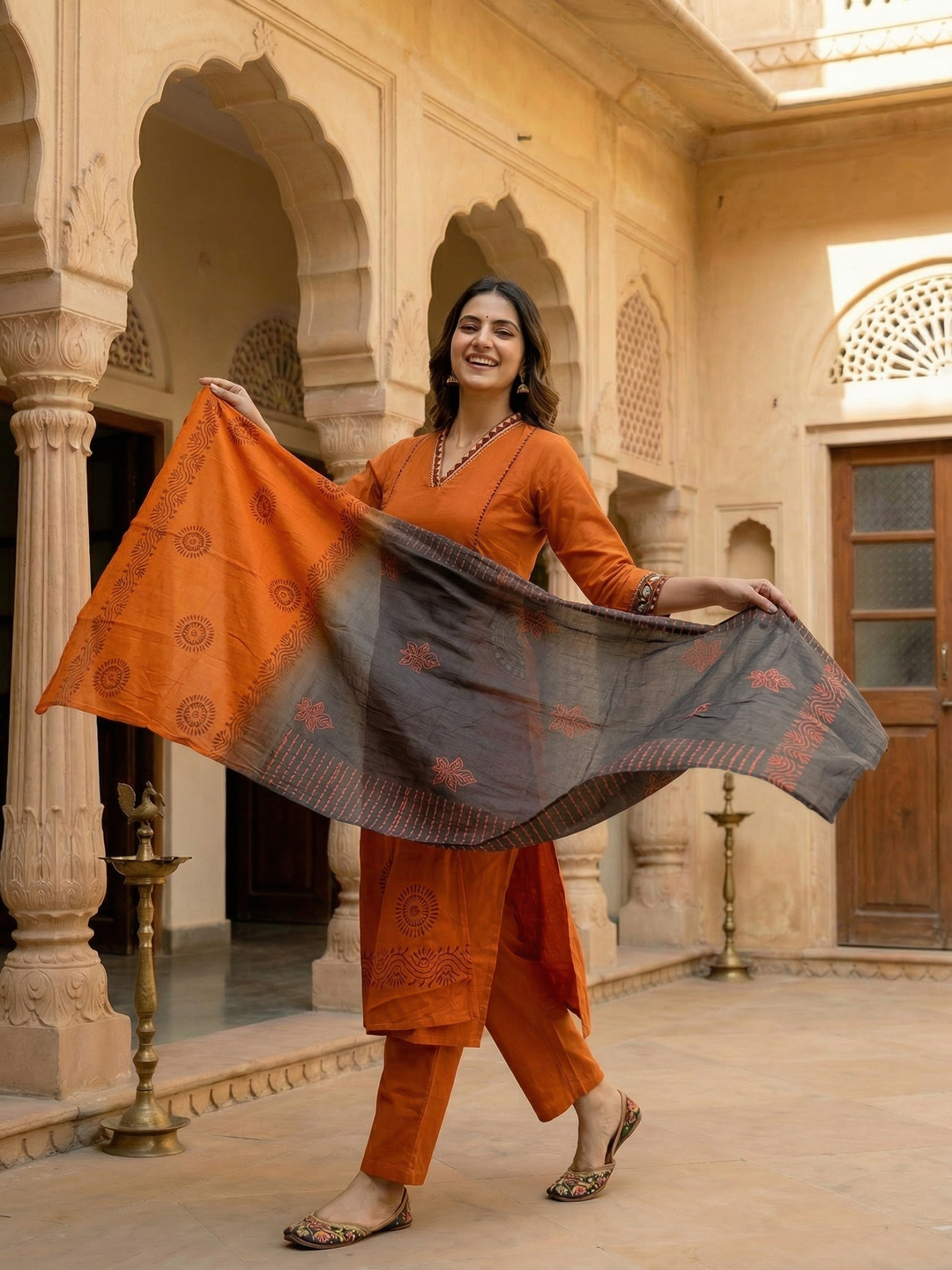 Solid Embroidered Panelled A-Line Kurta with Pyjama & Tie-Dye Dupatta - Rust