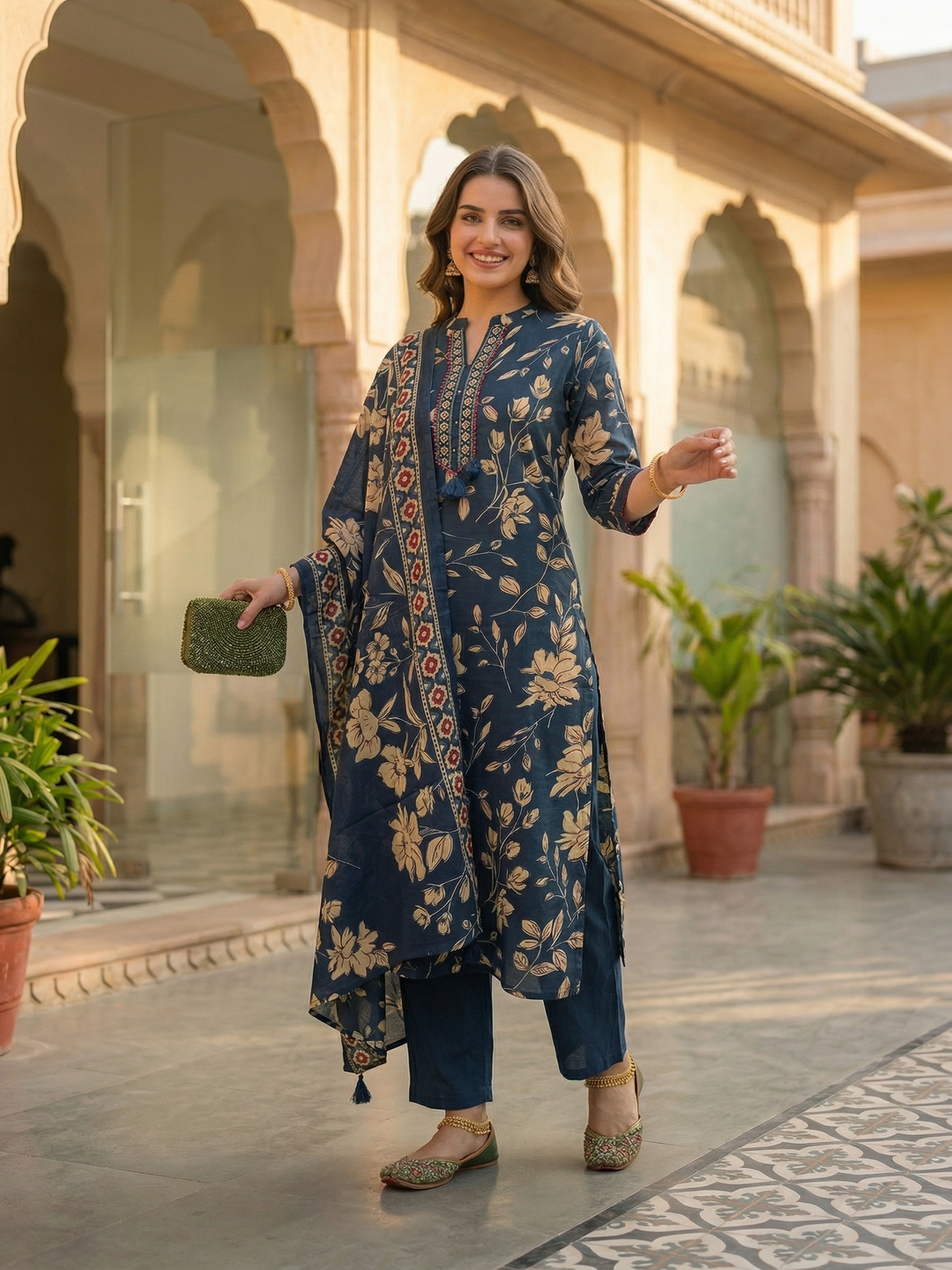 Floral Jaal Printed Straight Kurta with Palazzo & Dupatta - Navy Blue