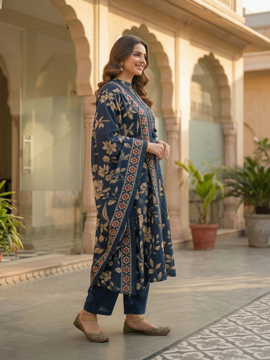 Floral Jaal Printed Straight Kurta with Palazzo & Dupatta - Navy Blue