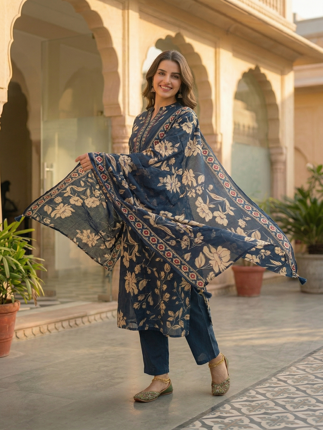 Floral Jaal Printed Straight Kurta with Palazzo & Dupatta - Navy Blue