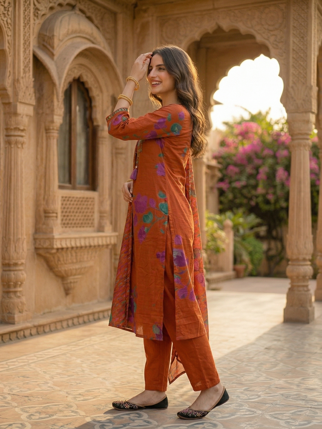 Floral Printed Mirror Work Embroidered Straight Kurta with Palazzo & Dupatta - Rust