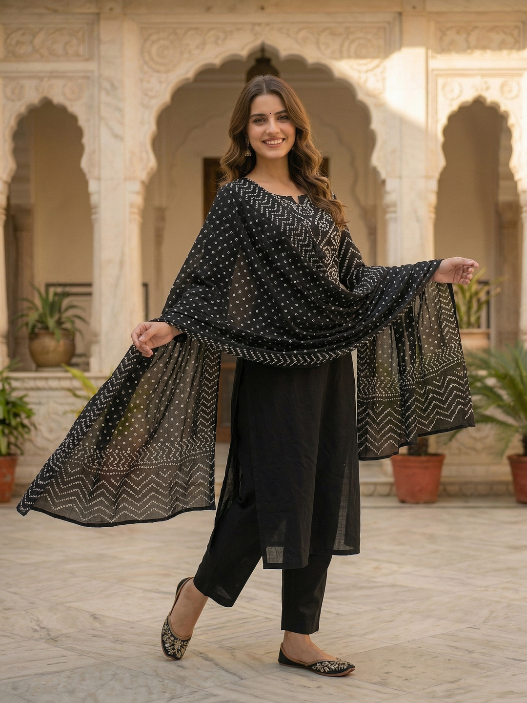 Bandhani Printed Mirror Work A-Line Kurta with Palazzo & Dupatta - Black