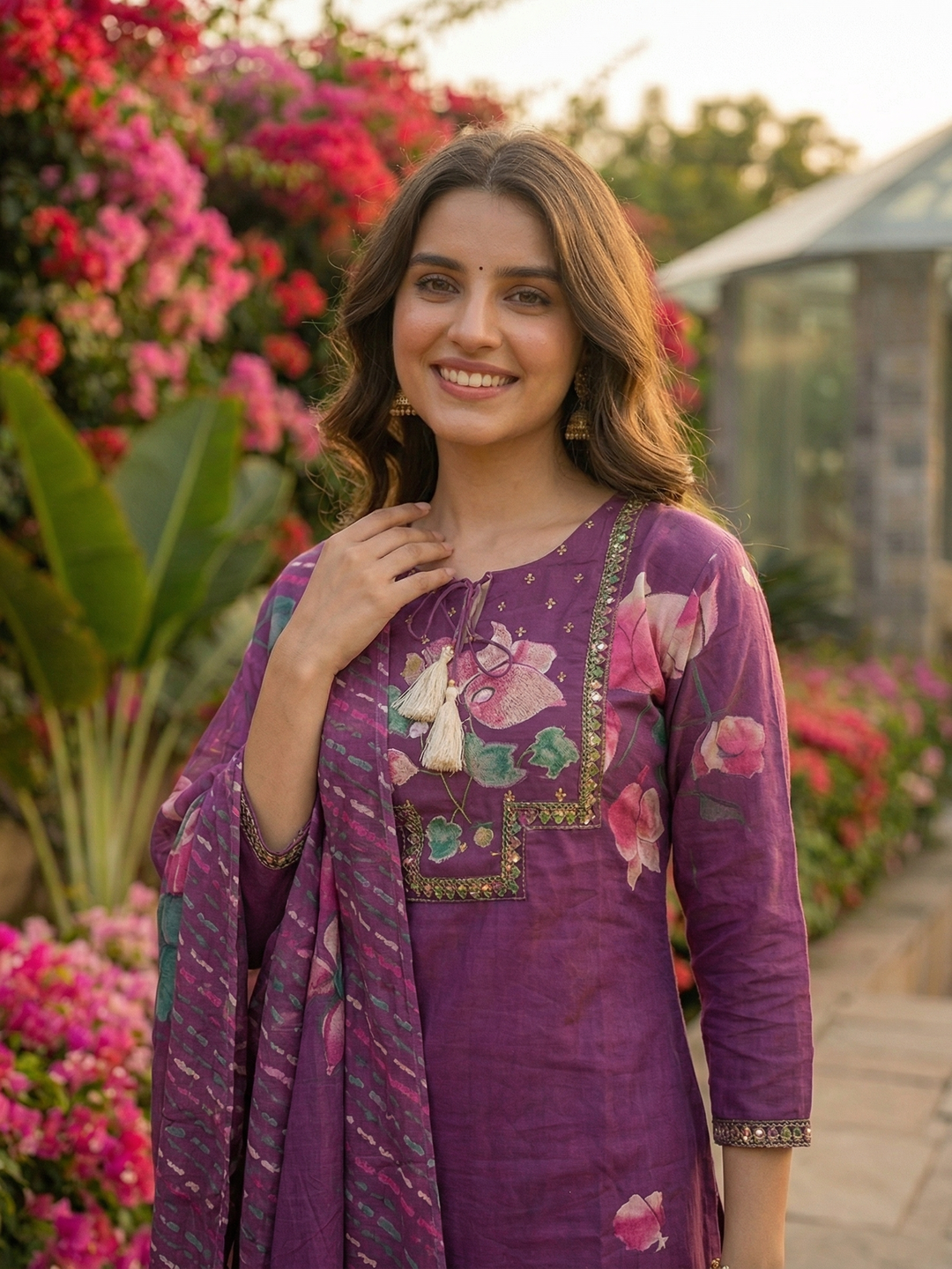 Floral Printed Mirror Work Embroidered Straight Kurta with Palazzo & Dupatta - Purple