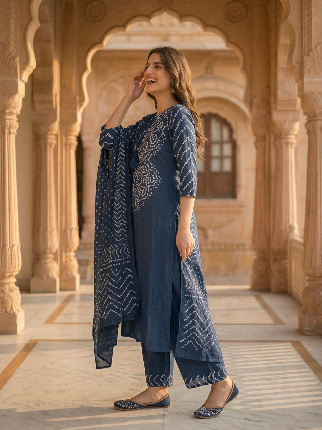 Bandhani Printed Mirror Work A-Line Kurta with Palazzo & Dupatta - Blue