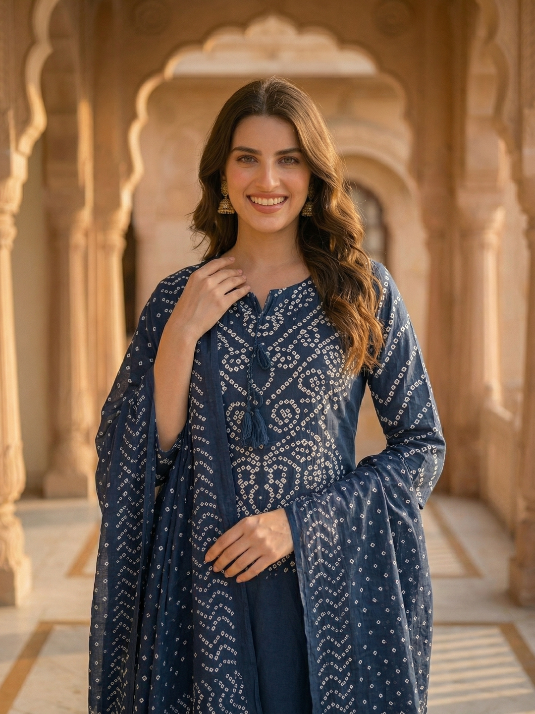 Bandhani Printed Mirror Work A-Line Kurta with Palazzo & Dupatta - Blue