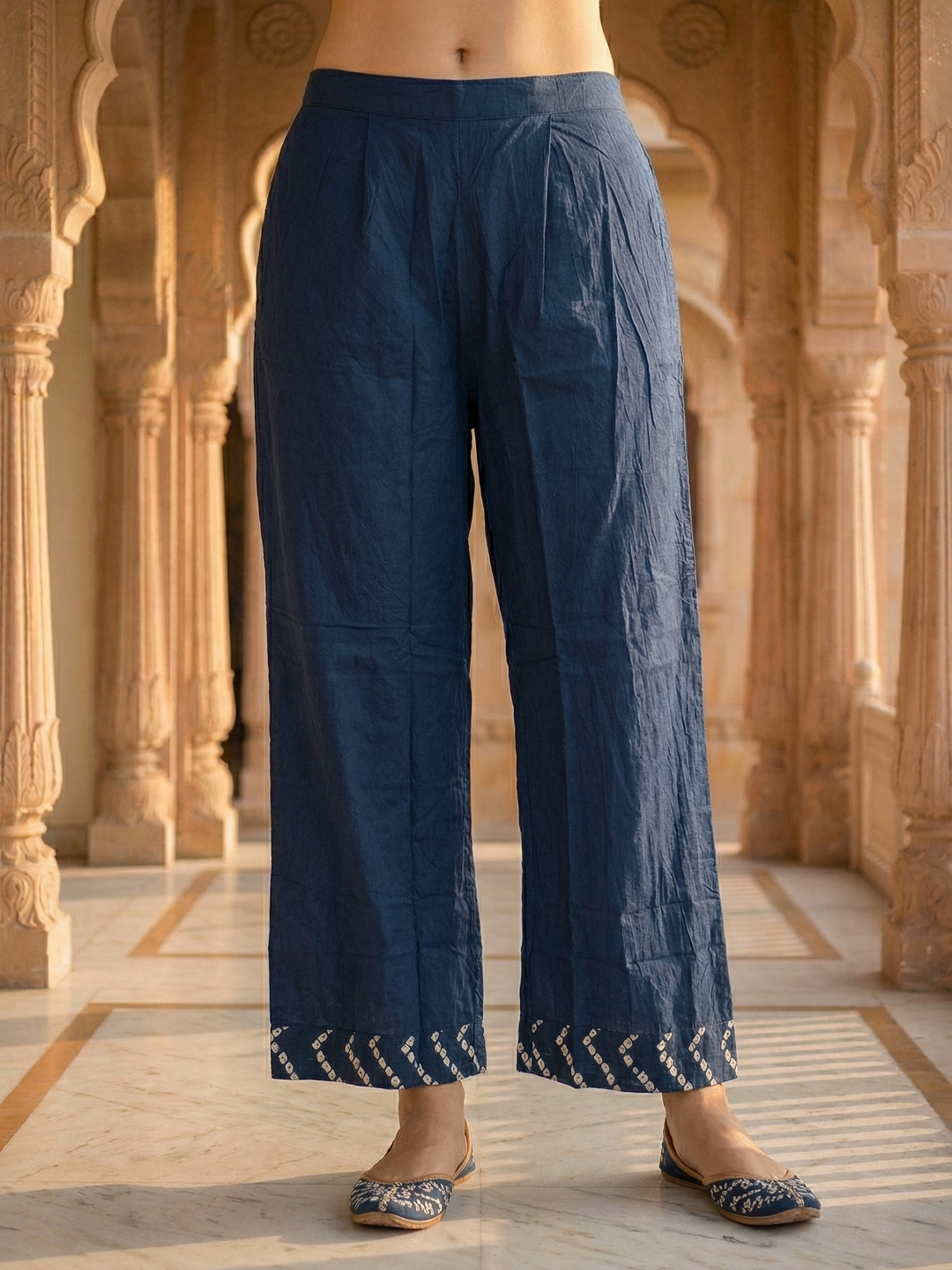 Bandhani Printed Mirror Work A-Line Kurta with Palazzo & Dupatta - Blue