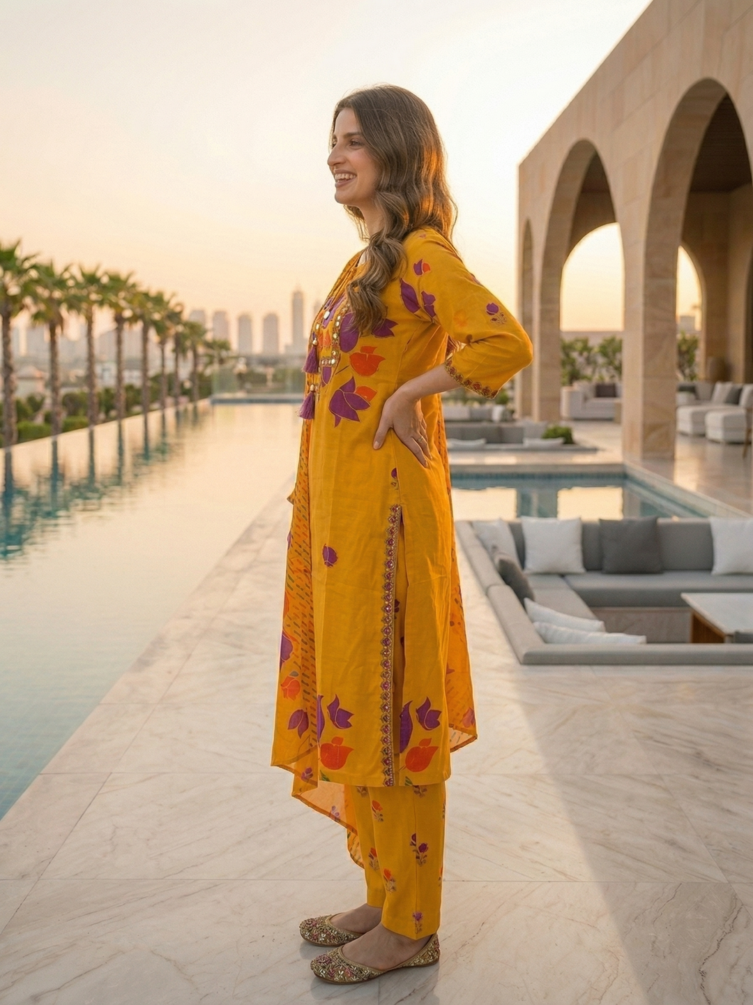 Floral Printed Mirror Work Embroidered Straight Kurta with Palazzo & Dupatta - Yellow