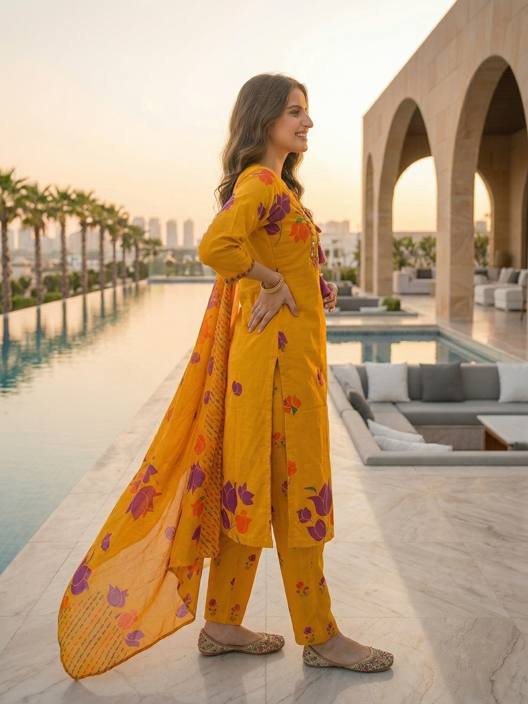 Floral Printed Mirror Work Embroidered Straight Kurta with Palazzo & Dupatta - Yellow